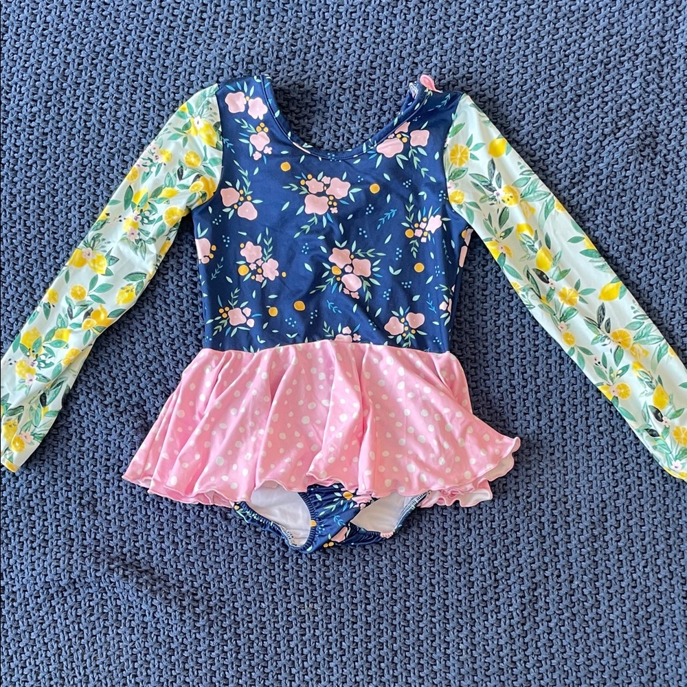 Floral Long Sleeve gymnastics or dance Leotard with Pink Ruffle